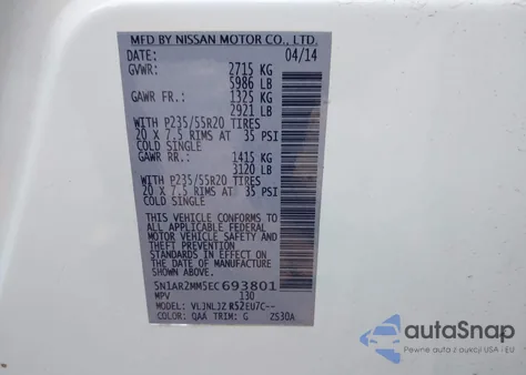 2014 Nissan Pathfinder S/Sv/Sl/Platinum z USA, uszkodzony, nr VIN 5N1AR2MM5EC693801